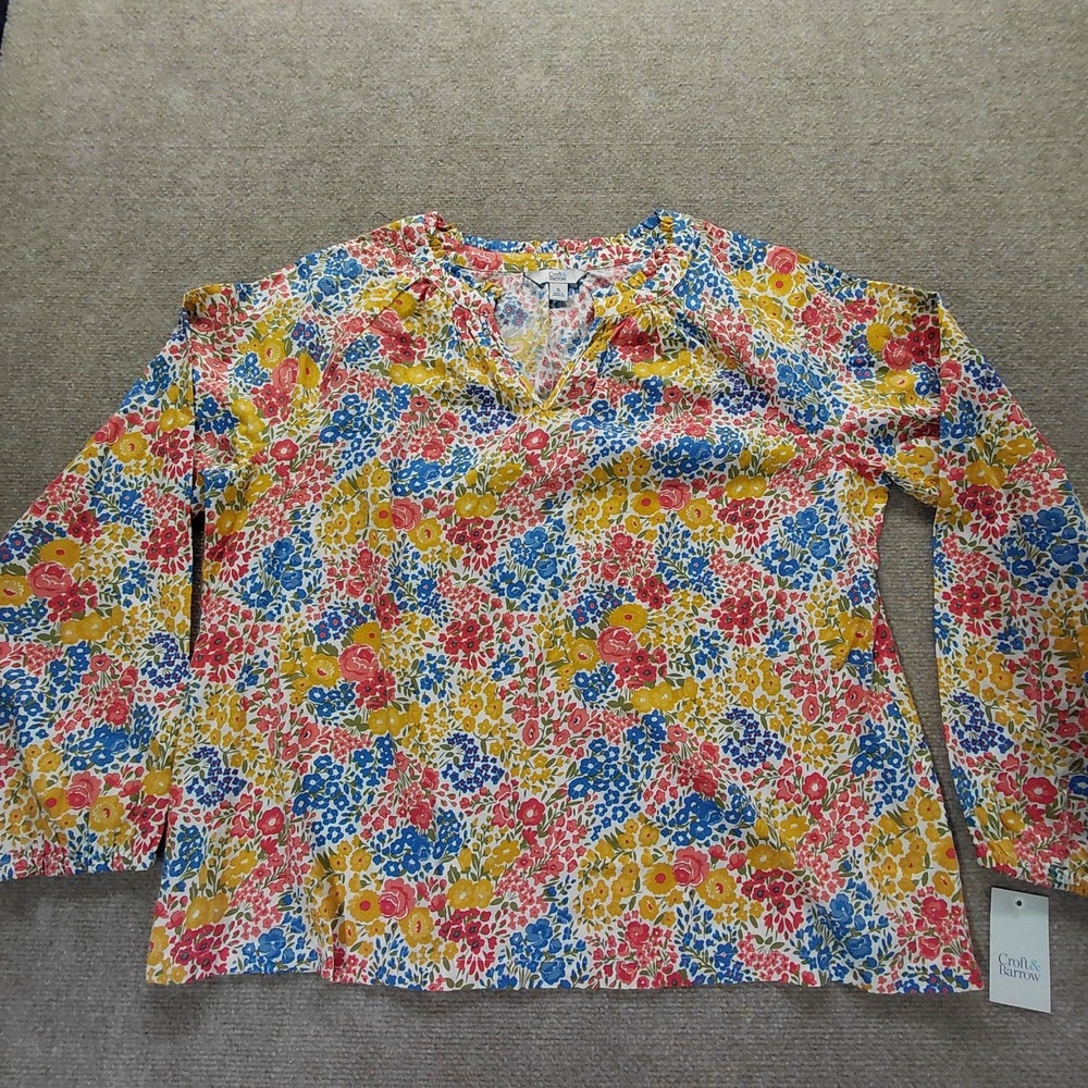 Croft & Barrow Top V-Neck Long Sleeve Fall Floral Yellow Colorful Sz XL NEW
